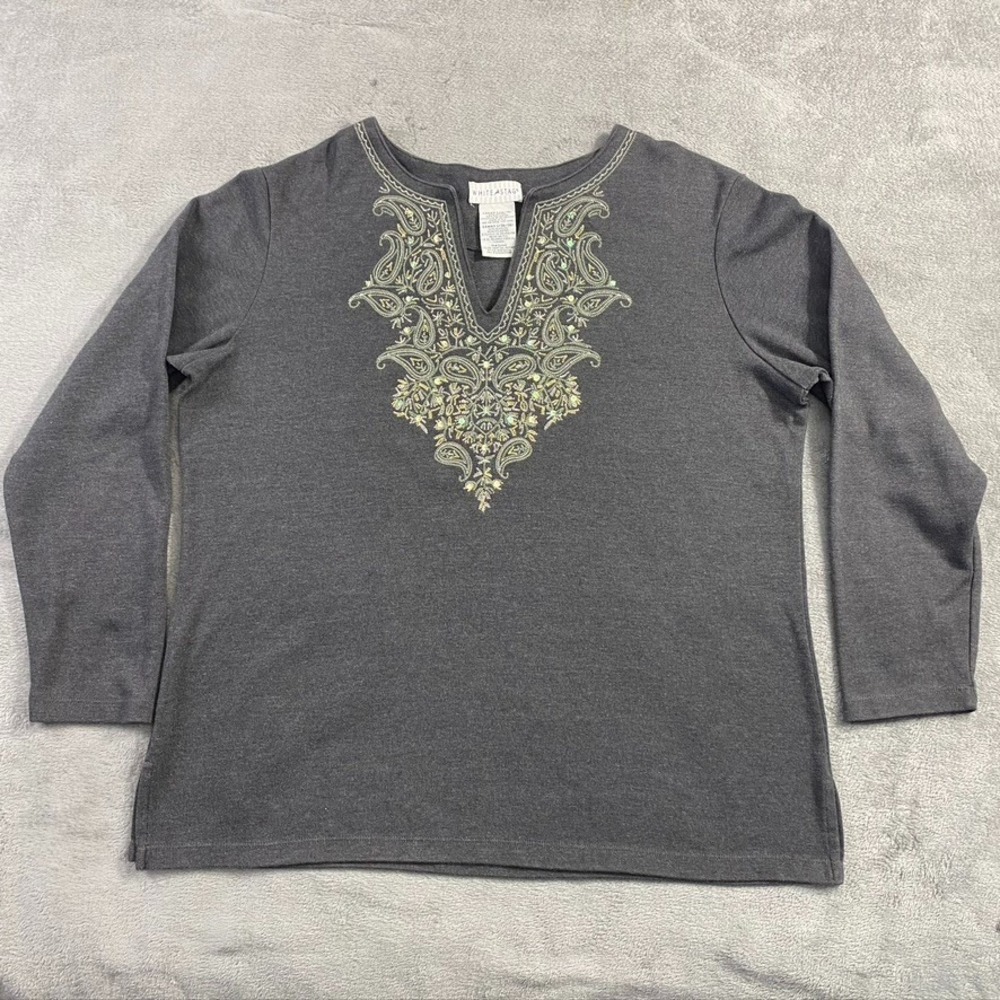 White Stag‎ Shirt Womens L Pull-On VNeck Embroidery Y2K Tunic Raglan Festive Top